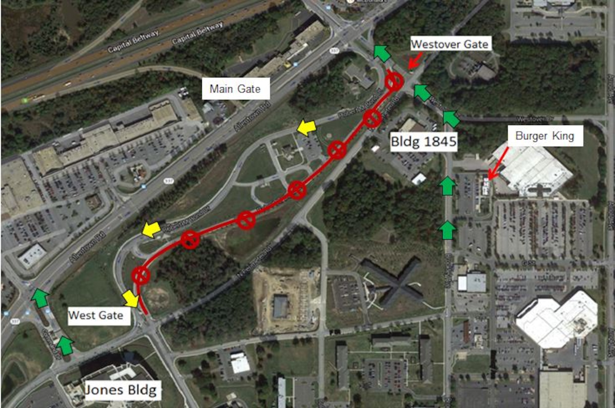 The outbound lanes at the Main Gate on Joint Base Andrews, Md., will be closed, June 15 through July 1, 2015, due to construction. Inbound lanes and the Visitor Control Center will be open normally.  To ease traffic congestion during this time, the West Gate, adjacent to Building 1500, will be open 24/7 for outbound traffic only.  
