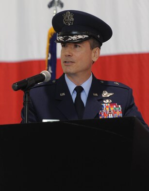 Brig. Gen. Paul W. Tibbets IV, 509th Bomb Wing commander, speaks to the guests during the 509th BW Change of Command Ceremony at Whiteman Air Force Base, Mo., June 5, 2015. More than 300 guests attended the ceremony to welcome Tibbets as the new commander. (U.S. Air Force photo by Staff Sgt. Alexandra M. Longfellow/Released)