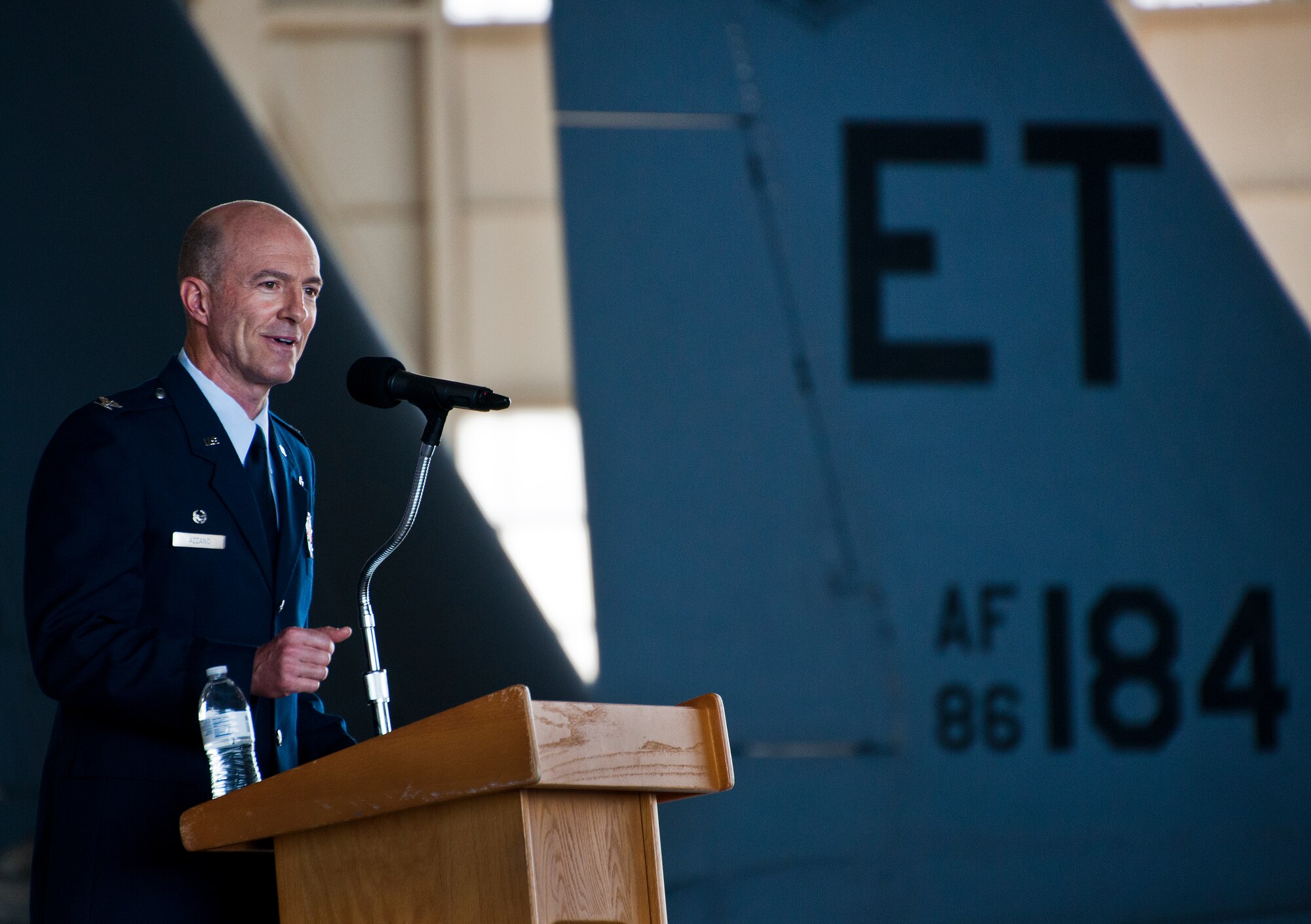 Col. Christopher Azzano speaks to his Airmen for the first time as the commander of the 96th Test Wing during the change of command ceremony June 4 at Eglin Air Force Base, Fla.  Azzano took the reins of the wing from Maj. Gen. David Harris, who leaves to take command of the Air Force Test Center. (U.S. Air Force photo/Samuel King Jr.)