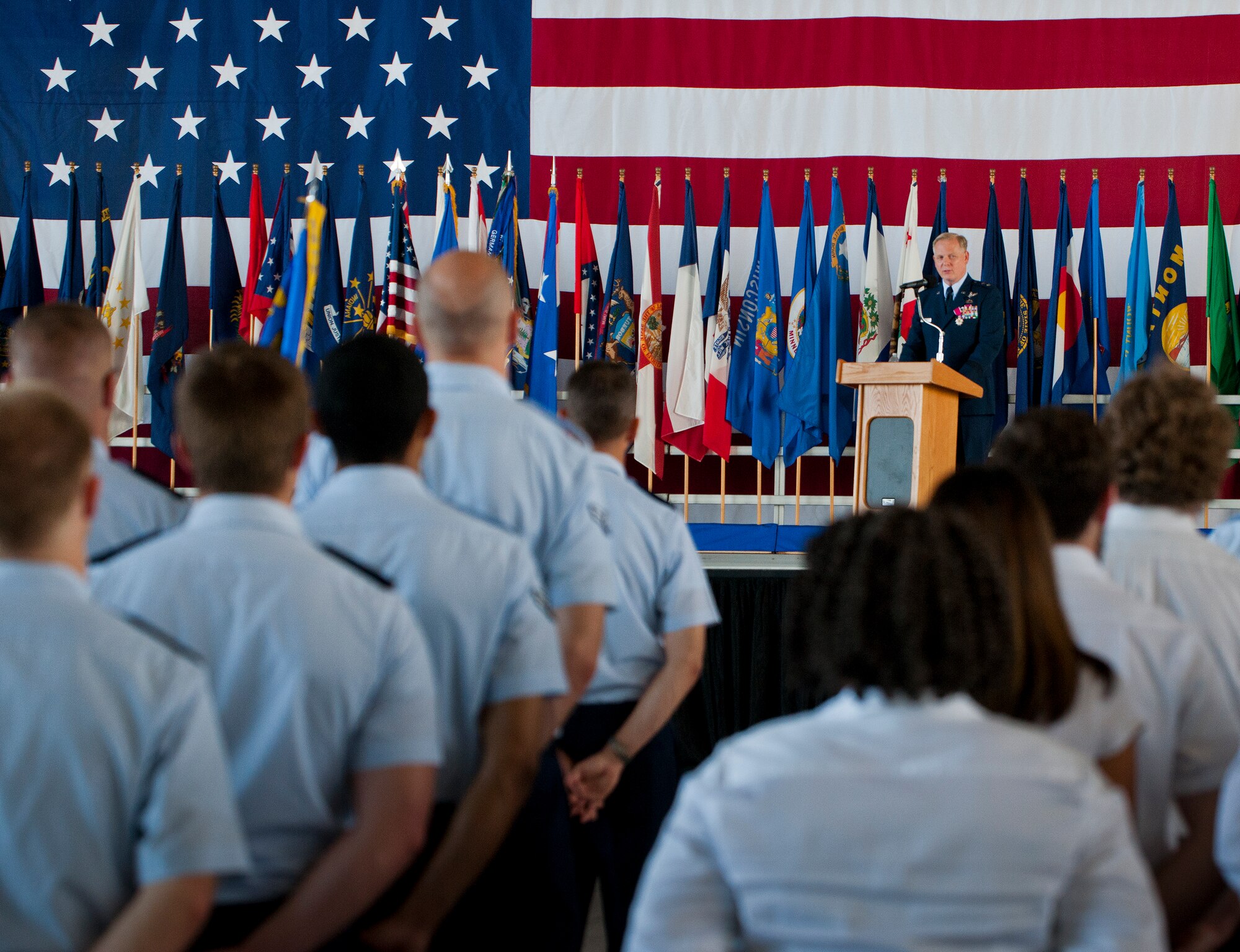 Maj. Gen. David Harris says farewell to the Airmen and civilians of the 96th Test Wing during the change of command ceremony June 4 at Eglin Air Force Base, Fla.  Col. Christopher Azzano took the reins of the wing from Harris, who leaves to take command of the Air Force Test Center.  (U.S. Air Force photo/Samuel King Jr.)