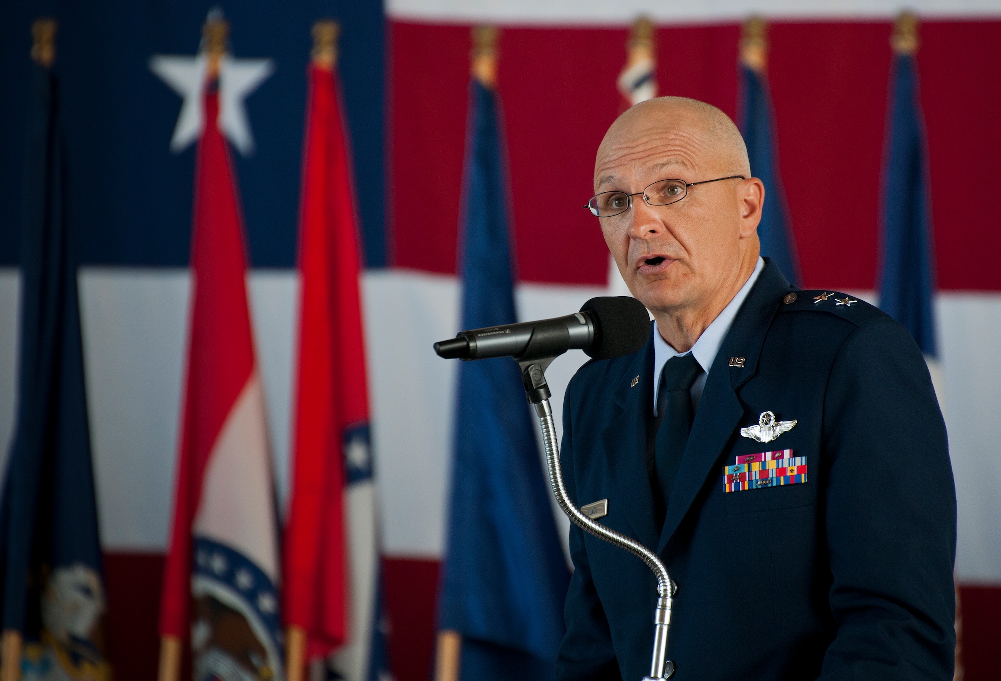 Maj. Gen. Arnold Bunch, Air Force Test Center commander, speaks about the wing and its previous and new commanders during the 96th Test Wing change of command ceremony June 4 at Eglin Air Force Base, Fla.  (U.S. Air Force photo/Samuel King Jr.)