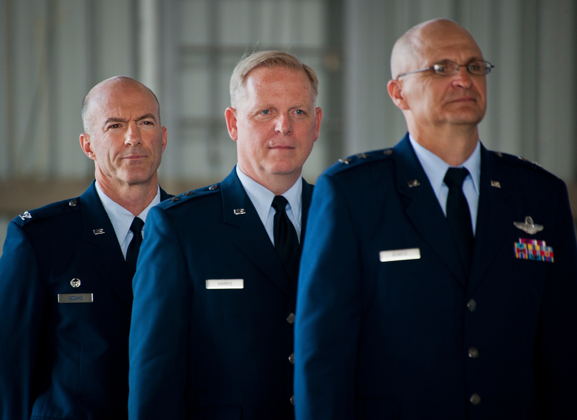 Maj. Gen. Arnold Bunch, Maj. Gen. David Harris and Col. Christopher Azzano stand ready to walk in to begin the 96th Test Wing change of command ceremony June 4 at Eglin Air Force Base, Fla.  Bunch, the Air Force Test Center commander, officiated the ceremony where Azzano took the reins of the wing from Harris.  (U.S. Air Force photo/Samuel King Jr.)