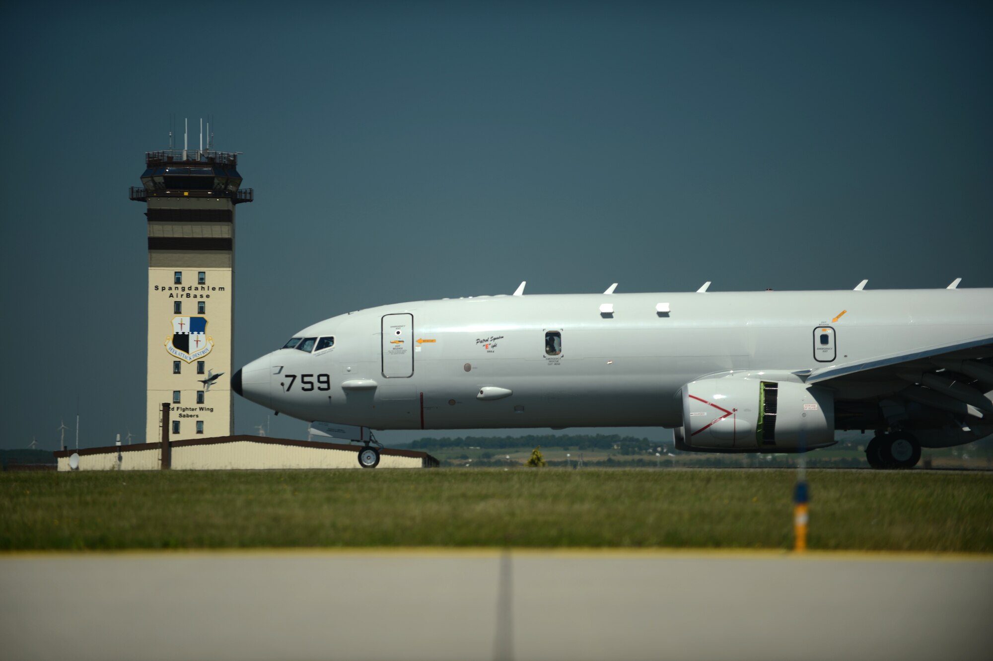 A Boeing P-8 Poseidon arrives on the flightline of Spangdahlem Air Base, Germany, June 5, 2015. The aircraft arrived at Spangdahlem to support BALTOPS 2015, an annual multi-national exercise designed to increase interoperability and promote friendship with participating nations. The crew aboard will conduct training on anti-submarine and anti-surface warfare throughout the duration of the exercise. (U.S. Air Force photo by Senior Airman Gustavo Castillo/Released)