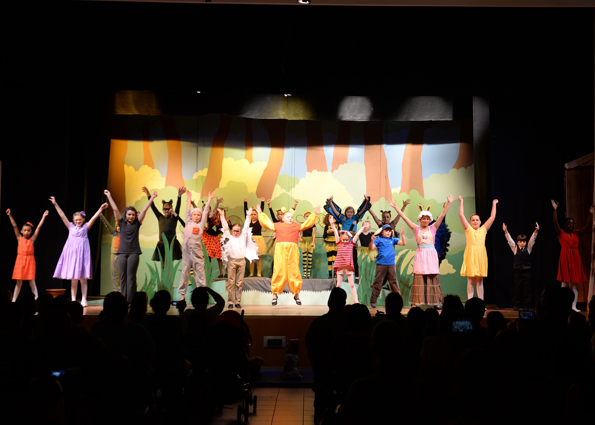 Performers sing and dance a musical number during the opening night of “Winnie the Pooh,” June 4, 2015, at Aviano Air Base, Italy. Members with the Aviano community theater and schools drama club rehearsed for two months in preparation for the play. (U.S. Air Force photo by Cary Smith/Released)

