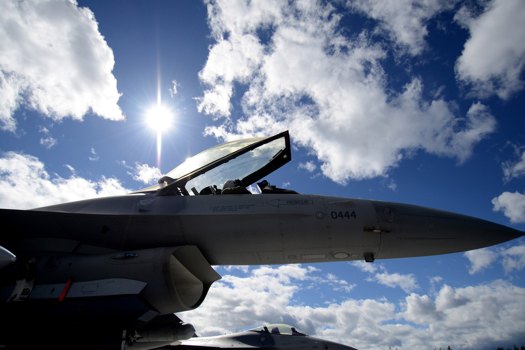 An F-16 Fighting Falcon with the 510th Fighter Squadron from Aviano Air Base, Italy prepares for takeoff at Kallax Air Base, Sweden, June 2, 2015 for Arctic Challenge Exercise 2015. Nine nations participated in the exercise to help ensure interoperability and strengthen relationships with NATO allies and Partners for Peace. (U.S. Air Force photo by Staff Sgt. Evelyn Chavez/Released)
