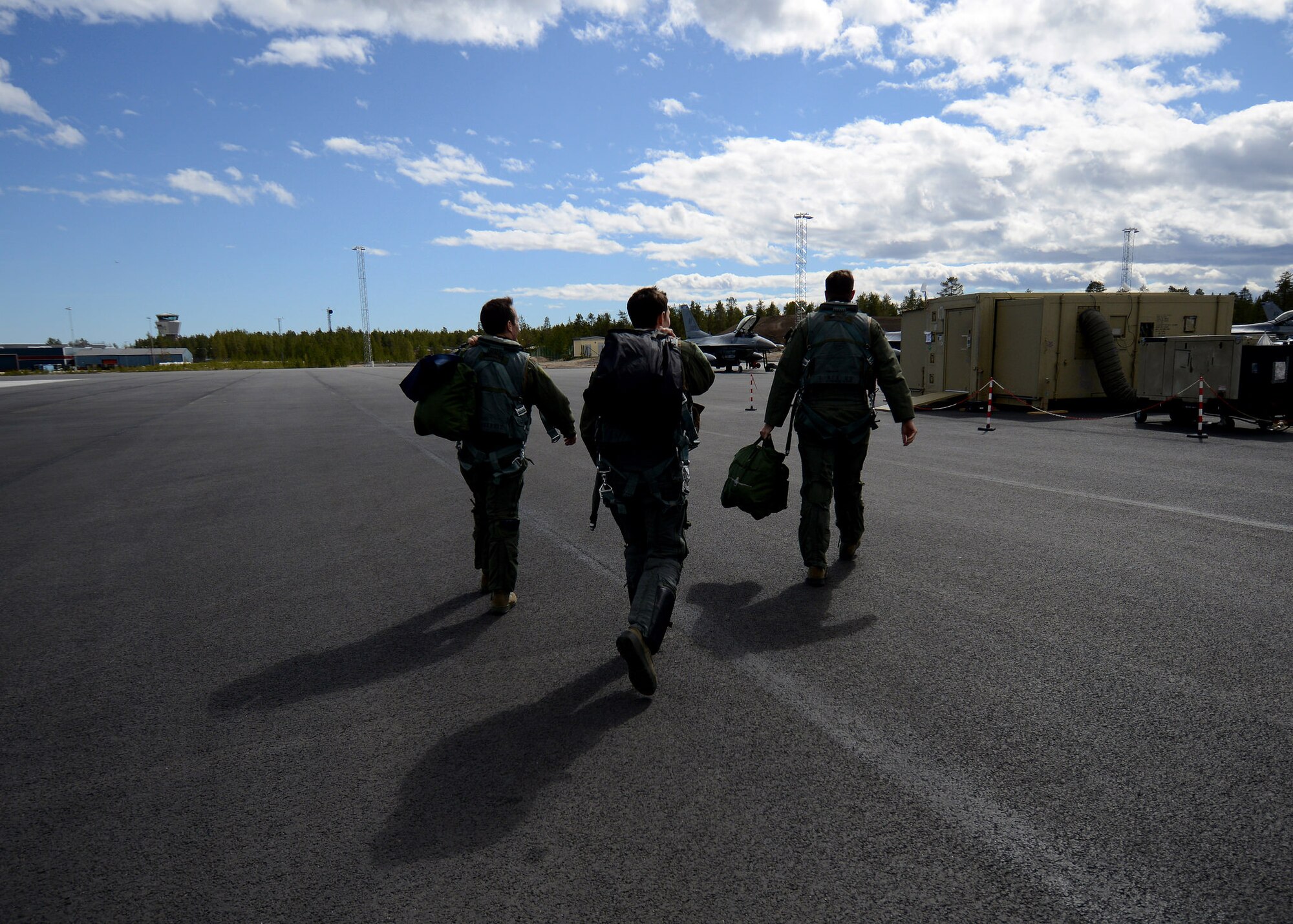 U.S. Air Force fighter pilots with the 510th Fighter Squadron from Aviano Air Base, Italy prepare for takeoff at Kallax Air Base, Sweden, June 2, 2015 during Arctic Challenge Exercise 2015. Nine nations participated in the exercise to help ensure interoperability and strengthen relationships with NATO allies and Partners for Peace. (U.S. Air Force photo by Staff Sgt. Evelyn Chavez/Released)