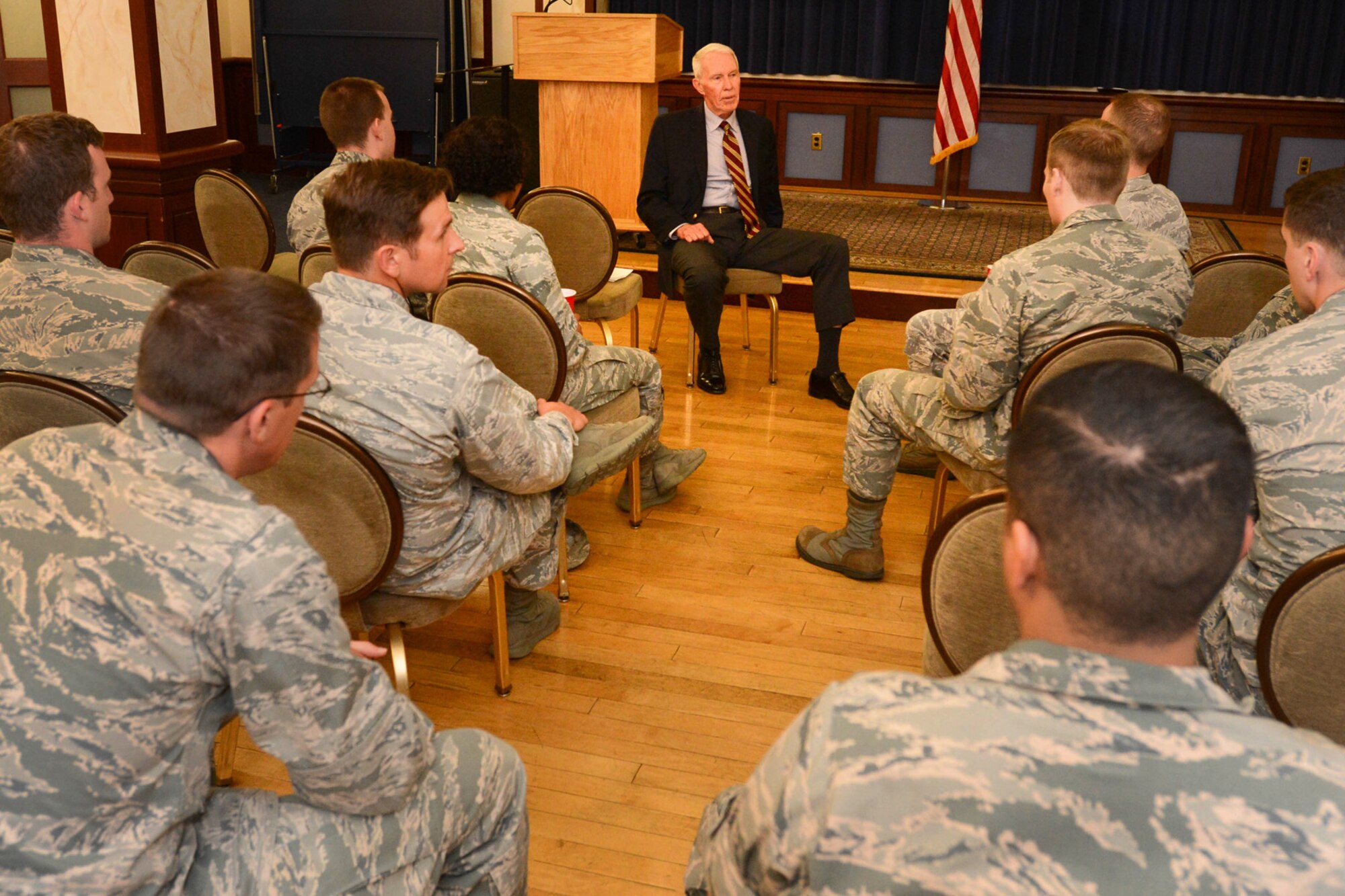 Retired Lt. Gen. Tad Oelstrom, director of the National Security Program at the John F. Kennedy School of Government at Harvard University, speaks to Company Grade Officers and other invited Airmen at the Minuteman Commons as part of the CGO Council speaker series, June 4. The event was hosted by the CGOC and the Air Force Association. The general served for more than 35 years in the Air Force in myriad of command positions in 3rd Air Force and the U.S. Air Force Academy. The speaker series aims to provide insight to missions, opportunities and valuable lessons to Hanscom CGOs. (U.S. Air Force pho by Jerry Saslav)