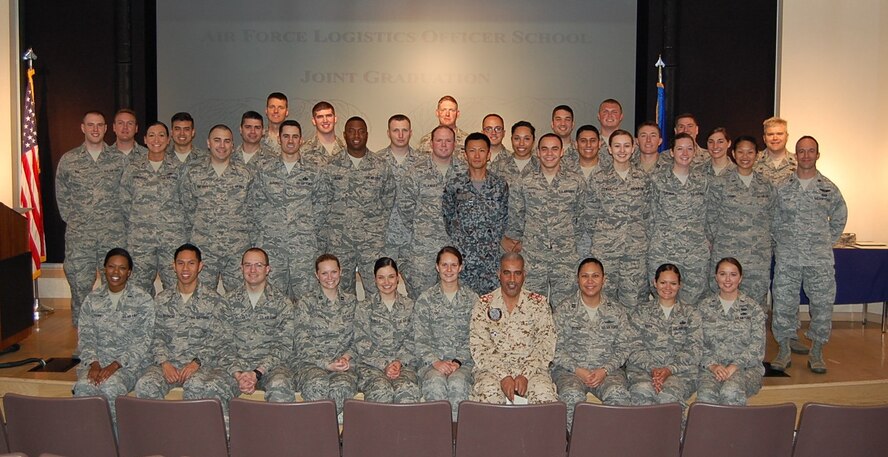 The first class of 28 Logistics Readiness Officer Course students pose for a photo with 14 Aircraft Maintenance Officer Course graduates the end of May 2015 at Sheppard Air Force Base, Texas. The graduations ended up coinciding illustrating the intended synchronization between the logistics programs through the Air Force Logistics Officers School at Sheppard. (U.S. Air Force courtesy photo)