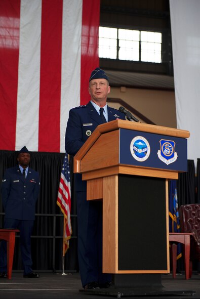 Lt. Gen. John L. Dolan, U.S. Forces, Japan and 5th Air Force commander, addresses team Yokota, representatives from the Japanese community, and other distinguished visitors during a change of command ceremony June 5, 2015 at Yokota Air Base, Japan.  Dolan assumed command of USFJ and 5th AF from retired Lt. Gen. Sam Angelella. (U.S. Air Force photo by Airman 1st Class Delano Scott/Released)

