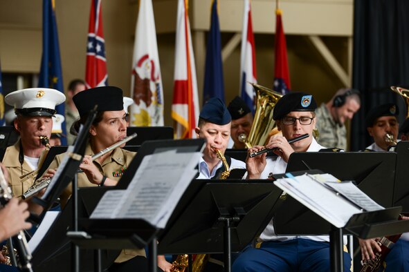 Members of the Joint Service Band play during the United States Forces, Japan, and
5th Air Forces change of command ceremony at Yokota Air Base, Japan, June 5, 2015.
The Pacific Air Forces commander, Gen. Lori Robinson, presided over the ceremony, passing the USFJ and 5AF command from Lt. Gen. Salvatore Angelella to Lt. Gen. John Dolan. (U.S. Air Force photo by Staff Sgt. Cody H. Ramirez/Released)
