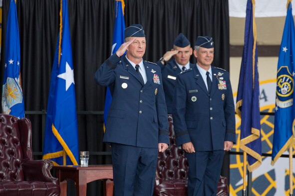 Lt. Gen. John Dolan, United States Forces Japan and 5th Air Force commander, returns his first salute from service members during the USFJ and 5th AF change of command ceremony at Yokota Air Base, Japan, June 5, 2015. (U.S. Air Force photo by Osakabe Yasuo/Released)