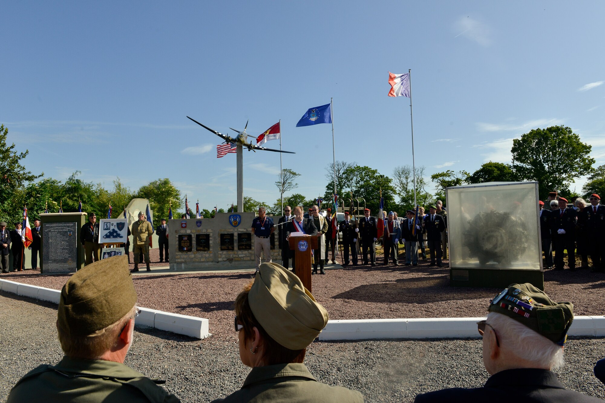 U.S. Air Force Lt. Gen. Darryl Roberson, 3rd Air Force and 17th Expeditionary Air Force commander, speaks during a memorial ceremony at the Picauville 9th Air Force monument June 4, 2015, Normandy, France. More than 380 service members from Europe and affiliated D-Day historical units are participating in the 71st anniversary as part of Joint Task Force D-Day 71. The task force, based in Saint Mere Eglise, France, is supporting local events across Normandy, June 2-8, 2015, to commemorate the selfless actions by all the Allies on D-Day that continue to resonate 71 years later. (U.S. Air Force photo/Senior Airman Nicole Sikorski)