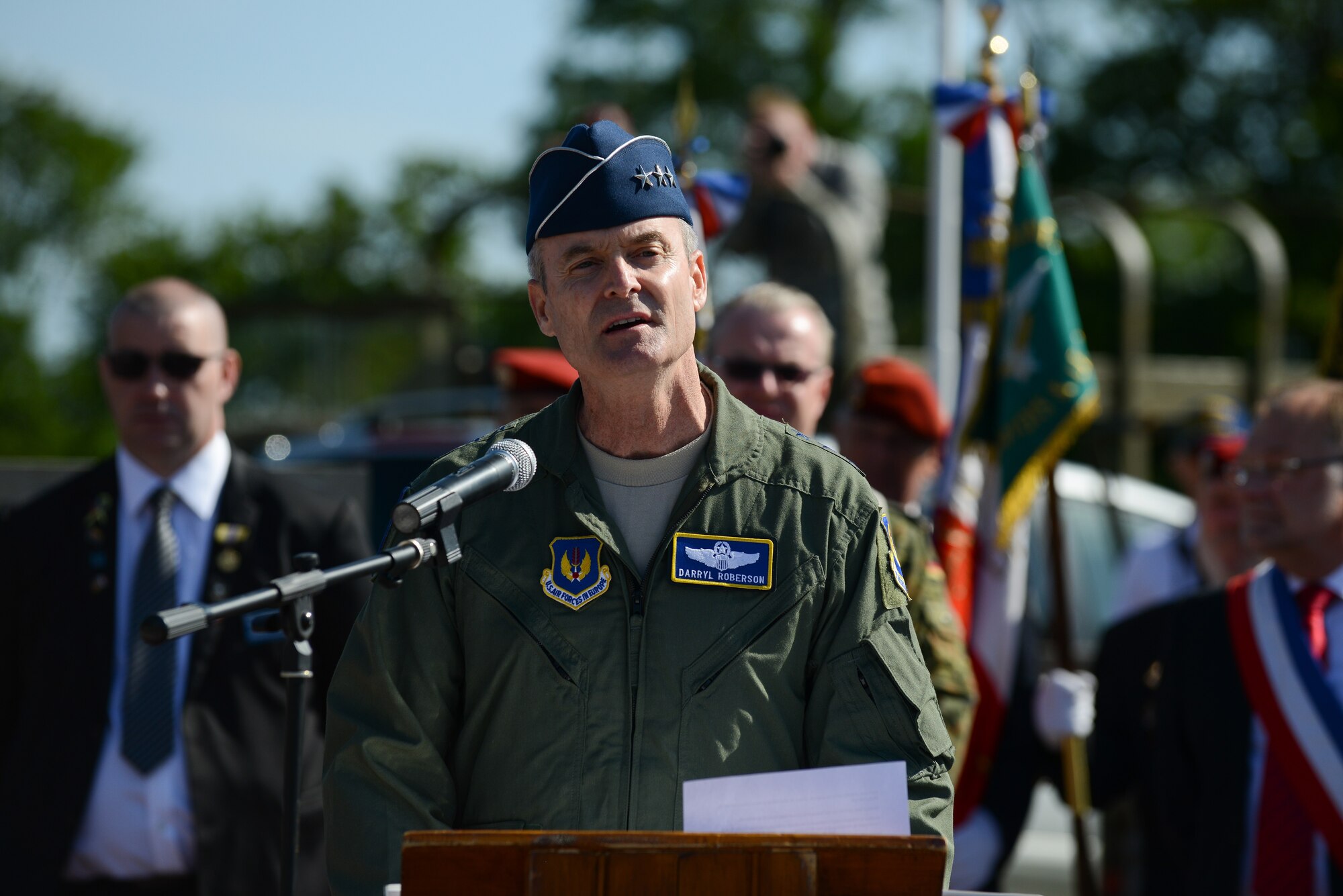 U.S. Air Force Lt. Gen. Darryl Roberson, 3rd Air Force and 17th Expeditionary Air Force commander, speaks during a memorial ceremony at the Picauville 9th Air Force monument June 4, 2015, Normandy, France. More than 380 service members from Europe and affiliated D-Day historical units are participating in the 71st anniversary as part of Joint Task Force D-Day 71. The task force, based in Saint Mere Eglise, France, is supporting local events across Normandy, June 2-8, 2015, to commemorate the selfless actions by all the Allies on D-Day that continue to resonate 71 years later. (U.S. Air Force photo/Senior Airman Nicole Sikorski)