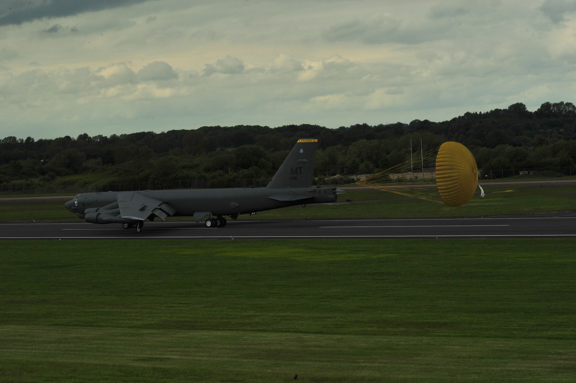 A B-52 Stratofortress assigned to the 5th Bomb Wing at Minot Air Force Base, N.D., arrives at Royal Air Force Fairford, England, June 5, 2015. During the short-term deployment, three Minot-based B-52 bombers, supported by more than 330 Air Force Global Strike Command Airmen, conducted training flights with ground and naval forces around the region and participated in multinational exercises Baltops 2015 and Saber Strike 2015, over international waters in the Baltic Sea and the territory of the Baltic states and Poland. (U.S. Air Force photo/Senior Airman Malia Jenkins) 