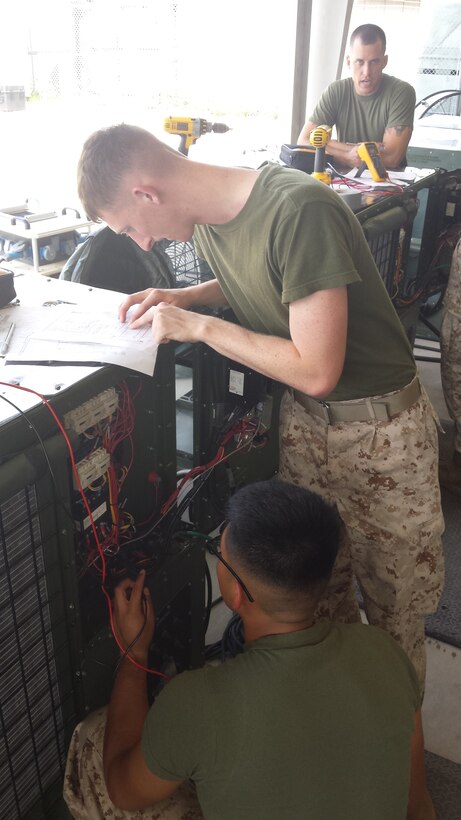 Marines from BRACT 3-15 conduct a practical application on electrical troubleshooting.