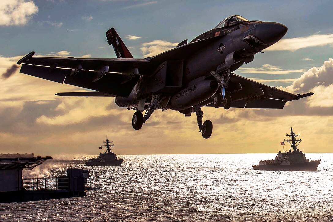 An F/A-18E Super Hornet launches from the aircraft carrier USS Carl Vinson during an air-power demonstration in the Pacific Ocean, May 30, 2015. The Vinson and Carrier Air Wing 17 are in the 3rd Fleet area of operations returning to homeport after deploying to the Middle East and western Pacific. The Super Hornet is assigned to Strike Fighter Squadron 81.