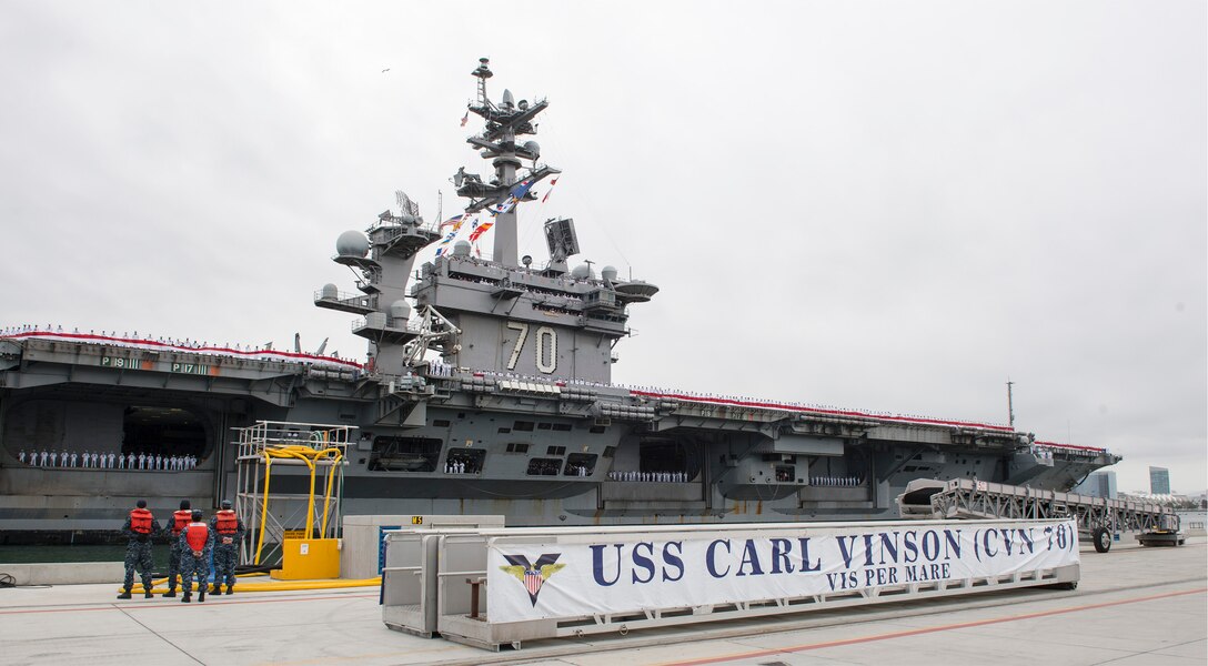 The USS Carl Vinson moors at its homeport of Naval Air Station North Island in San Diego, June 4, 2015.