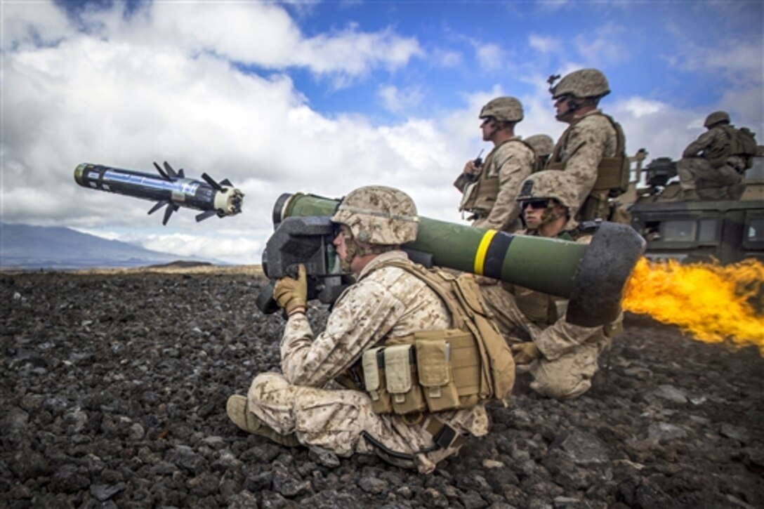 A Marine fires a Javelin at a simulated enemy tank during Operation Lava Viper at Pohakuloa Training Area, Hawaii, May 29, 2015. The Marines are assigned to Weapons Company, 1st Battalion, 3rd Marine Regiment.