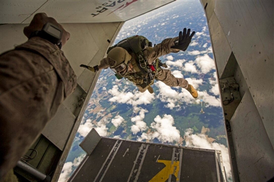 A Marine conducts a high-altitude, low-opening jump during sustainment training in Louisburg, N.C., June 2, 2015. The Marine is assigned to the 26th Marine Expeditionary Unit’s Maritime Raid Force, which is preparing to deploy to the U.S. 5th Fleet and U.S. 6th Fleet areas of responsibility later this year.