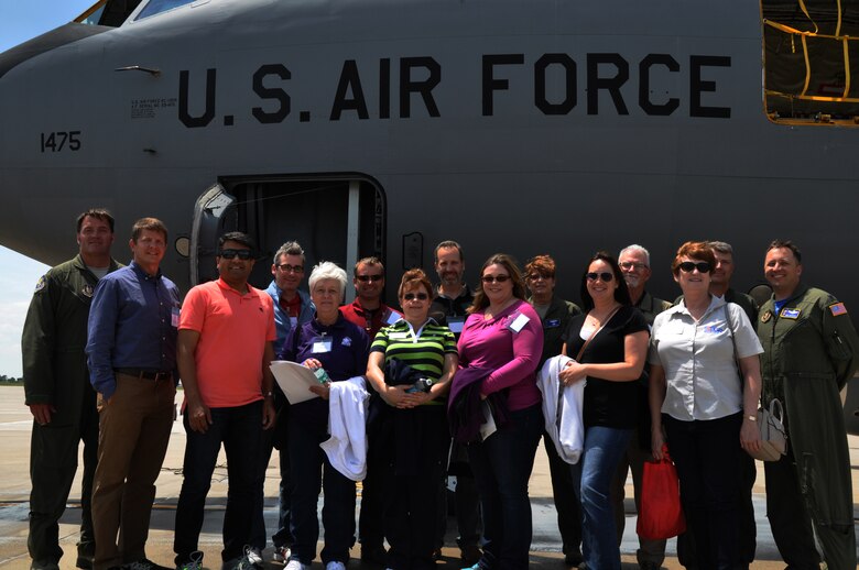 Employers of 931st Air Refueling Group Airmen pose after receiving a first-hand look at how their Reservist employee supports strategic reach.   The employers participated in a "bosslift" sponsored by the local Employer Support of the Guard and Reserve (ESGR), June 6, 2015.   (U.S. Air Force photo by Tech. Sgt. Abigail Klein)