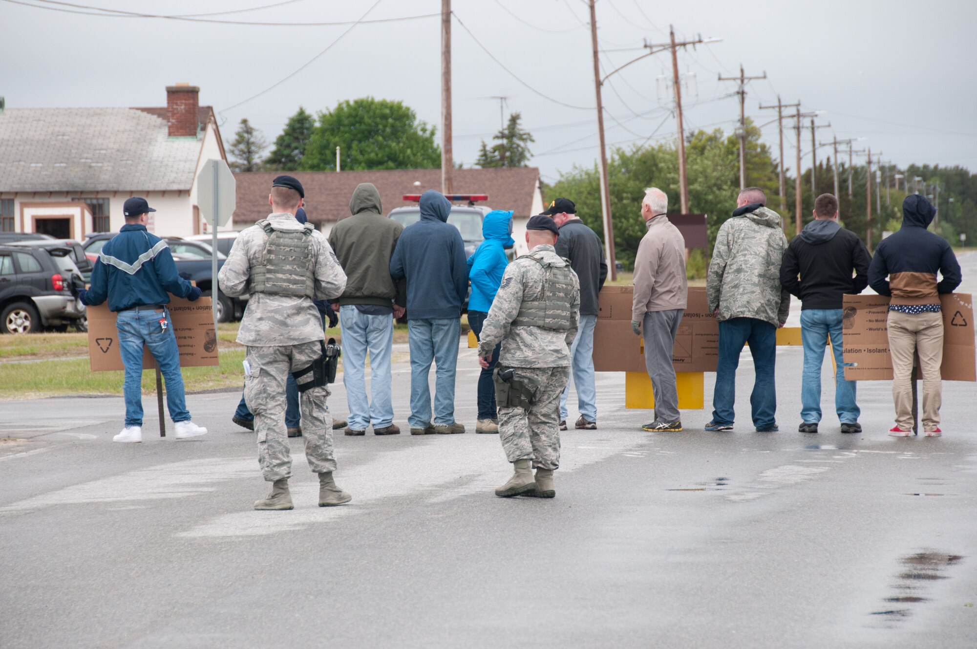 Members of the 102nd Security Forces Squadron mitigate a simulated protest during the June Annual Training exercise. The 102nd Intelligence Wing participated in a large-scale multi-scenario training exercise June 2 - 4. The exercise helped improve the wing’s preparedness as incident responders in the Cape Cod area. (Air National Guard photo by Staff Sgt. Nikoletta Kanakis)