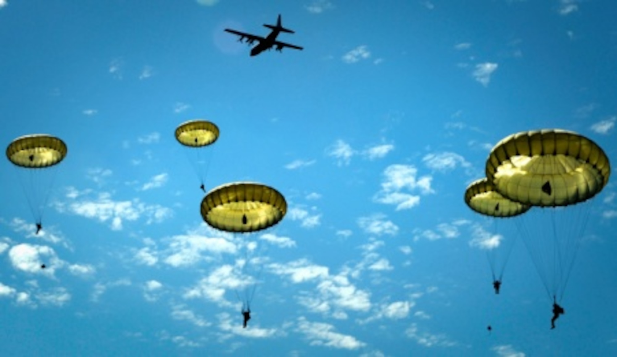 Paratroopers jump onto the Iron Mike drop zone here, June 8, 2014. More than 600 U.S., German, Dutch and French service members jumped to honor the paratroopers that jumped into Normandy on D-Day. The event was one of several commemorations of the 70th Anniversary of D-Day operations conducted by Allied forces during World War II June 5-6, 1944. Over 650 U.S. military personnel have joined troops from several NATO nations to participate in ceremonies to honor the events at the invitation of the French government.  (U.S. Air Force photo/Staff Sgt. Sara Keller)