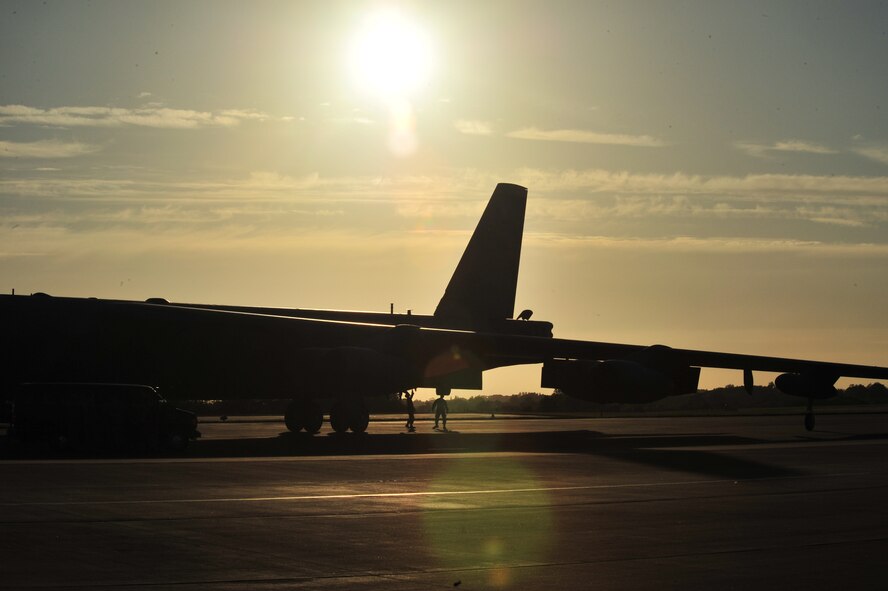 A B-52H Stratofortress from Minot Air Force Base, N.D., sits on the flightline after landing at Royal Air Force Fairford, England, June 5, 2015. Three B-52s, maintenance crews and support teams from bases across Air Force Global Strike Command forward deployed to RAF Fairford to participate in multi-national BALTOPS and Saber Strike exercises. The purpose of BALTOPS 15 is to promote mutual understanding, confidence, cooperation and inoperability among forces and personnel of participating nation. Saber Strike is a long-standing U.S. Army Europe-led cooperative training exercise conducted annually, which aims to improve cooperation and capabilities of participating nations for future contingency operations and train participants on command and control as well as interoperability with regional partners. (U.S. Air Force photos/Senior Airman Malia Jenkins)
