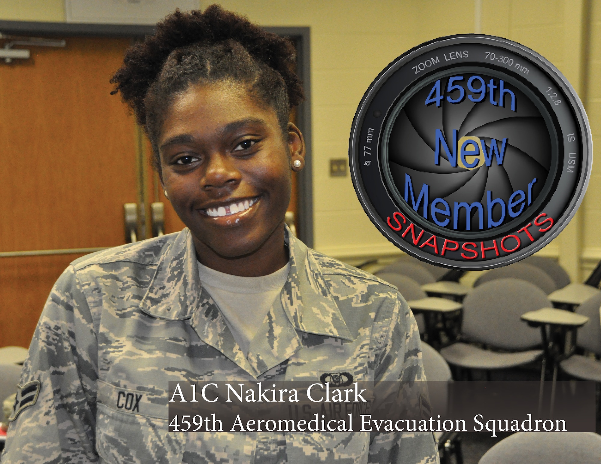 Airmen First Class Nakira Cox, Aviation resource management, 459th Aeromedical Evacuation Squadron poses for a photo at Joint Base Andrews, Md., June 6, 2015. A1C Cox is the 459th Air Refueling Wing's New Member Snapshot for the month of June. (U.S. Air Force Photo/ Tech. Sgt. Brent A. Skeen)