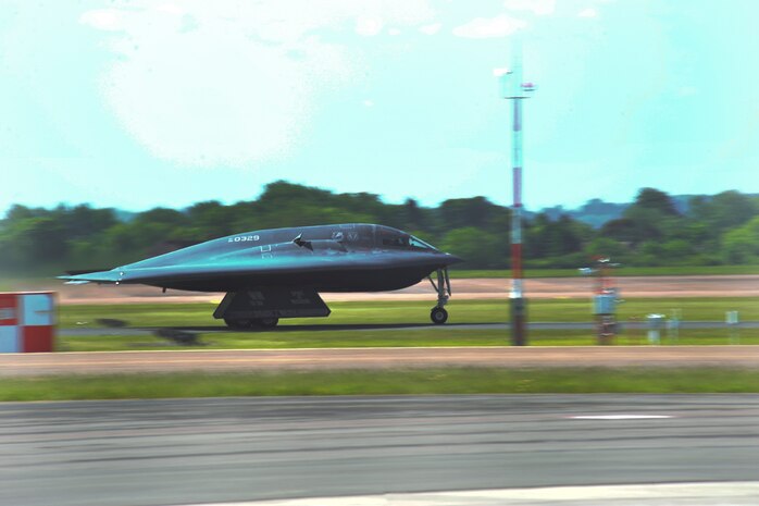 A B-2 Spirit takes off after a hot-pit refueling at Royal Air Force Fairford, England, June 7, 2015. The B-2 provides the penetrating flexibility and effectiveness inherent in manned bombers. Its low-observable, or “stealth,” characteristics give it the unique ability to penetrate an enemy’s most sophisticated defenses. (U.S. Air Force photo/Senior Airman Malia Jenkins)