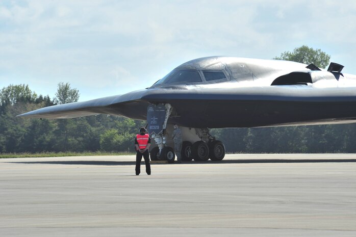 A B-2 Spirit prepares to taxi after a hot-pit refueling at Royal Air Force Fairford, England, June 7, 2015. This event also showcased the alliance between active duty and Air National Guard Airmen from the 131st Bomb Wing at Whiteman Air Force Base, MO, who coordinated the B-2’s presence in the European area of responsibility. (U.S. Air Force photo/Senior Airman Malia Jenkins)