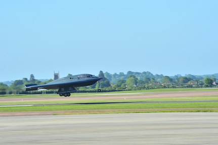 A B-2 Spirit lands at Royal Air Force Fairford, England, June 7, 2015, to conduct a hot-pit refueling and engine-running crew change in a forward deployed scenario. The base serves as a vital staging location for aircraft and personnel operating out of the European area of operations. (U.S. Air Force photo/Senior Airman Malia Jenkins)