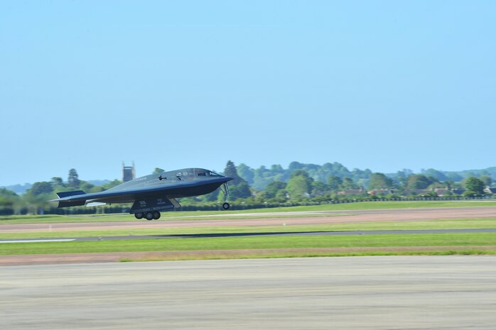A B-2 Spirit lands at Royal Air Force Fairford, England, June 7, 2015, to conduct a hot-pit refueling and engine-running crew change in a forward deployed scenario. The base serves as a vital staging location for aircraft and personnel operating out of the European area of operations. (U.S. Air Force photo/Senior Airman Malia Jenkins)