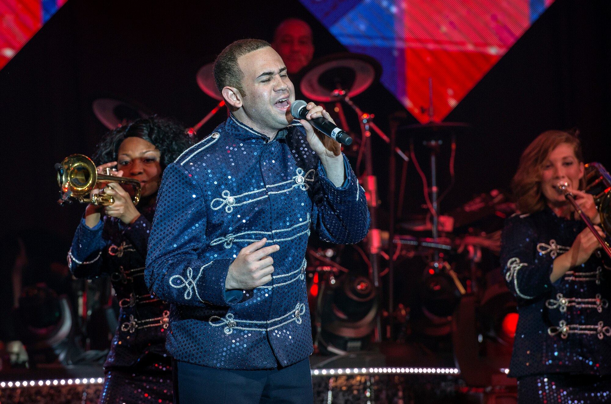 Airman 1st Class Javier Rodriguez performs “Freedom’s Song” by Jason Mraz, May 29, at the Bob Hope Theater, Joint Base San Antonio-Lackland, Texas. TIB performed a dress rehearsal of its World Tour 2015 for an audience of basic trainees in preparation for its first performance in Fort Walton Beach, Florida, June 6. This year’s world tour will stop at locations all over the globe. (U.S. Air Force photos/Johnny Saldivar/Released)