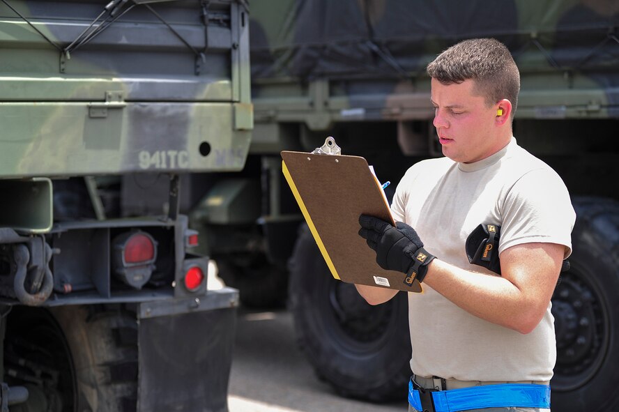 Staff Sgt. Thomas Mitchum, an Air Transportation Specialist assigned to the 81st Aerial Port Squadron, Joint Base Charleston, S.C. adheres to checklist requirements in preparation for the mini-Port Dawg Challenge during the unit training assembly June 6, 2015. Airmen from the 81 and 38 APS competed against each other here prior to the Air Force Reserve Command’s Port Dawg Challenge scheduled later this month, pitting squadrons from across the country to compete for the honor of being the “Top Dawgs.” (U.S. Air Force photo by Staff Sgt. Bobby Pilch)