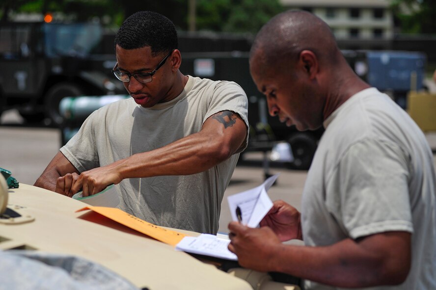 Technical Sergeants Jerone Mack (left) and Marion Partlow (right),  members of the 38th Aerial Port Squadron’s Air Terminal Operations Center and Special Handling team, Joint Base Charleston, S.C. execute preparation checklists during the mini-Port Dawg Challenge here during the unit training assembly weekend June 6, 2015.  Airmen from the 38 and 81 APS will go on to compete with aerial port squadrons from across the country later this month in the annual Port Dawg Challenge for the honor of being the “Top Dawgs” among their peers. (U.S. Air Force photo by Staff Sgt. Bobby Pilch)