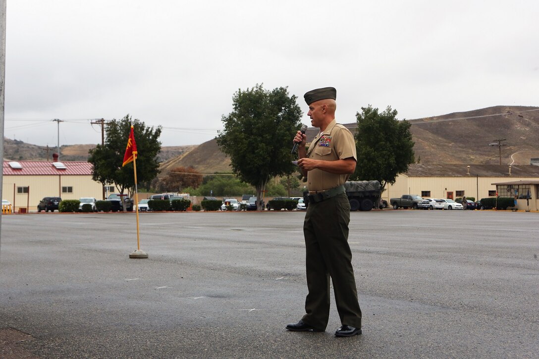 Lieutenant Col. Shawn Beltran, outgoing commanding officer of 5th Battalion, 11th Marine Regiment, 1st Marine Division, I Marine Expeditionary Force, speaks to the crowd after being relieved by Lt. Col. William Weis, during a change of command ceremony aboard Marine Corps Base Camp Pendleton, Calif., June 4, 2015. Beltran served as the commanding officer of 5/11 for two years and thanked everyone for the support during that time.