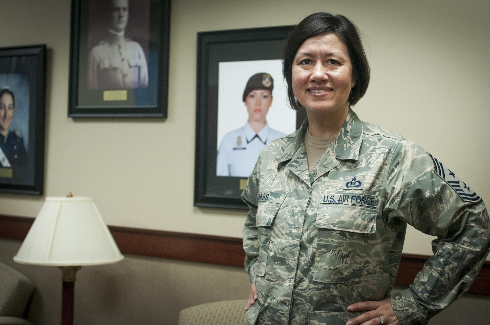 U.S. Air Force Chief Master Sgt. JoAnne S. Bass, 17th Training Wing Command Chief, poses for a photo in the Norma Brown Building on Goodfellow Air Force Base, Texas, June 6, 2015. Bass is Goodfellow’s 24th command chief. (U.S. Air Force photo by Staff Sgt. Michael Smith/Released)