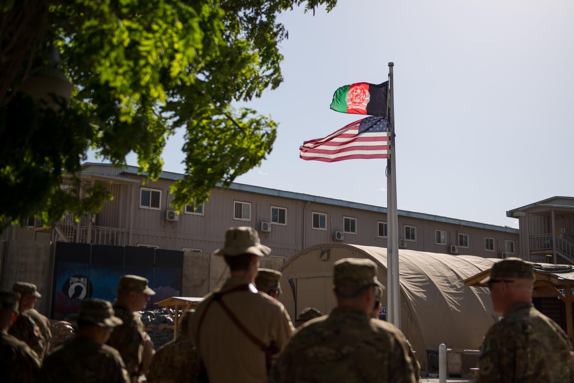 U.S. Airmen assigned to the 455th Air Expeditionary Wing participate in a Memorial Day retreat ceremony at Bagram Air Field, Afghanistan, May 25, 2015. Memorial Day is dedicated to remembering U.S. men and women who gave their lives while in military service protecting and defending national interests. (U.S. Air Force photo by Tech. Sgt. Joseph Swafford/Released)