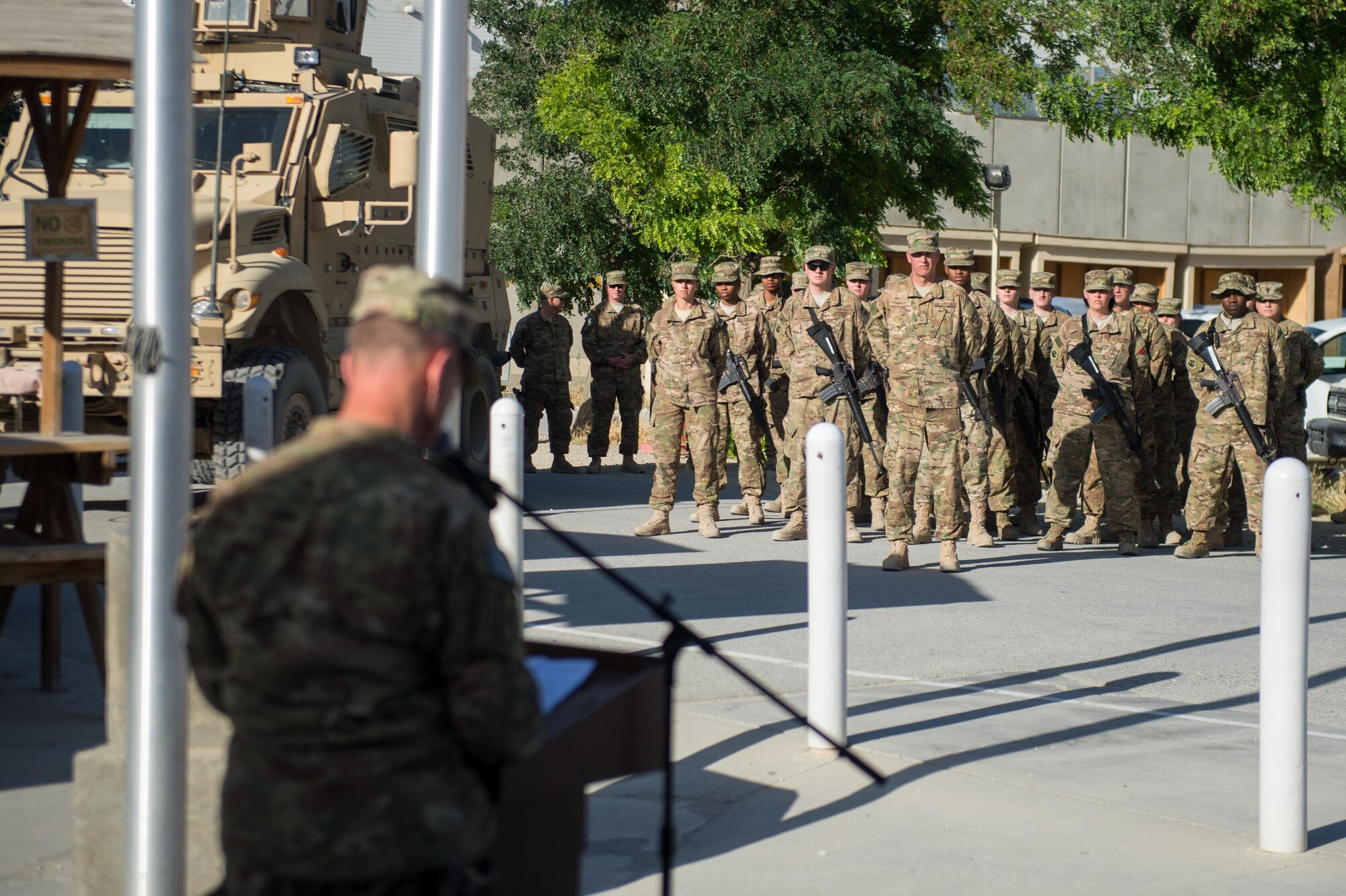 U.S. Air Force Brig. Gen. Mark D. Kelly, 455th Air Expeditionary Wing commander, gives a speech during a remembrance ceremony and retreat at Bagram Air Field, Afghanistan, May 26, 2015. Service members at Bagram gathered during the ceremony to remember those who gave their lives while deployed to Afghanistan. (U.S. Air Force photo by Tech. Sgt. Joseph Swafford/Released)