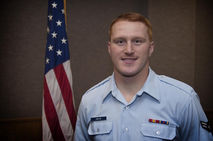 U.S. Air Force Airman 1st Class Bradley Gallik, 312th Training Squadron student, poses for a photo at the Brandenberg Hall on Goodfellow Air Force Base, Texas, June 5, 2015. (U.S. Air Force photo by Airman 1st Class Devin Boyer/Released)