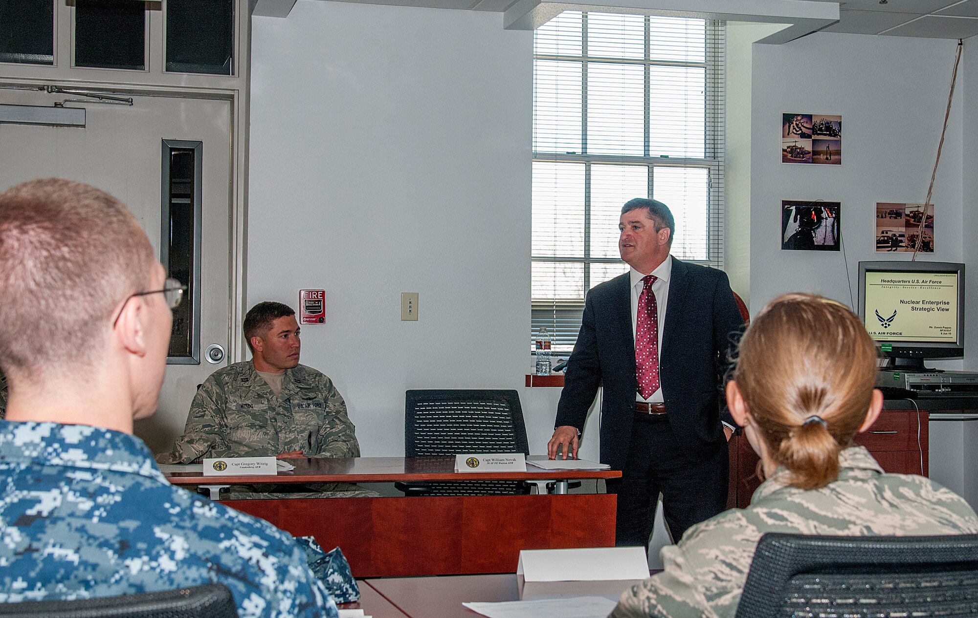 Zannis M. Pappas, Chief, Functional Authority Division, Nuclear and Missile Operations Career Field manager, briefs students in the 20th Air Force ICBM Center of Excellence June 8, 2015, about the current political climate surrounding the nuclear deterrence mission and how it has changed since the Cold War. Intrustors in the Advanced  ICBM Course cover an array of topics intended to give students an in-depth knowledge of nuclear deterrence operations. (U.S. Air Force photo by Senior Airman Jason Wiese)