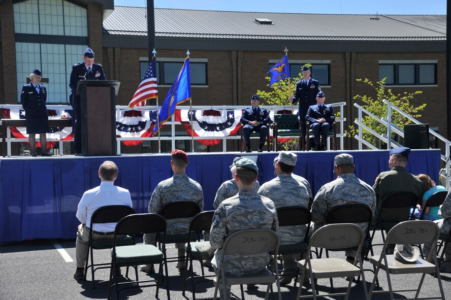 Maj. Timothy Dalby, the 336th Training Support Squadron commander, speaks for the first time as the new squadron commander June 5, 2015, at Fairchild Air Force Base, Wash. Dalby had just taken charge of the 336th TRSS during the change of command ceremony. The change of command is an official, formal and brief ceremony that is the military’s way of bestowing command responsibility of a unit to one officer. (U.S. Air Force photo/ Airman 1st Class Taylor Bourgeous)