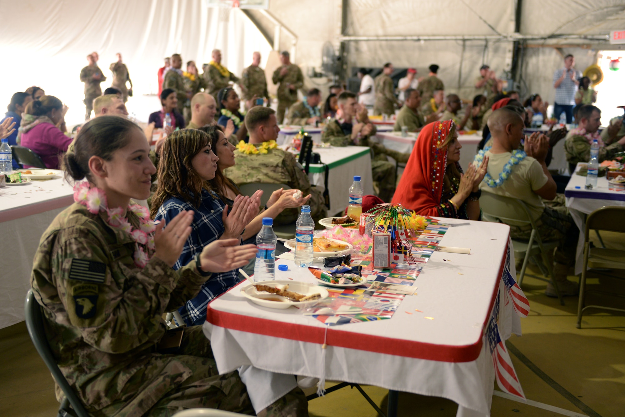 Members of Bagram attend the first culture day event at Bagram Air Field, Afghanistan, May 5, 2015. The event was held to bring members of different backgrounds from across BAF together to learn and share each other’s cultures. (U.S. Air Force photo by Senior Airman Cierra Presentado/ Released)