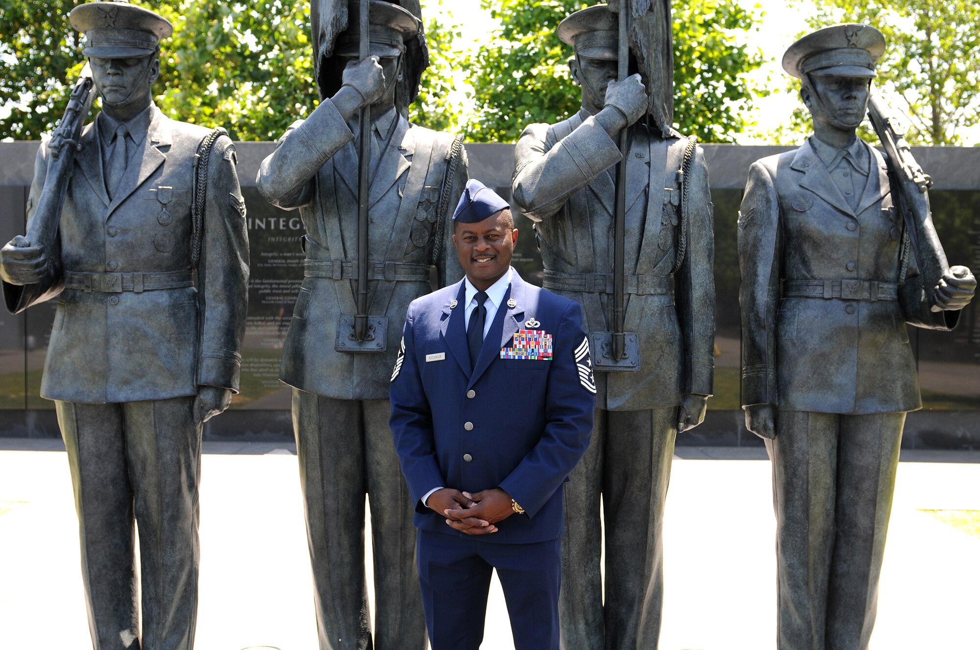 Chief Master Sgt. Harry Hutchinson, 81st Training Wing command chief, stands in front of the Air Force Honor Guard Memorial during a Capitol Hill visit, May 14, 2015, at the Air Force Memorial, Arlington, Va. During the visit, Keesler leadership met with Mississippi congressional representatives to discuss Keesler’s growth and development, and its economic impact on the state. (U.S. Air Force photo by Airman 1st Class Duncan McElroy)