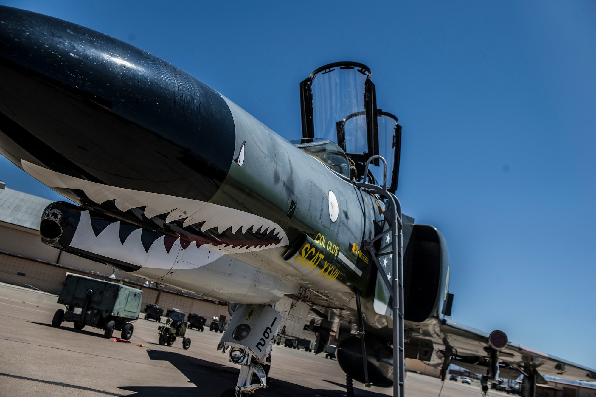 A QF-4 Drone sits on the flight line June 3, 2015 at Holloman Air Force Base, N.M. Holloman is host to the 82nd Aerial Target Squadron, Detachment 1. On May 28, 2015, Tyndall Air Force base, Fla. flew their last QF-4 flight, making Holloman the only base in the Air Force that flies QF-4s. At Holloman, QF-4s are used as remotely controlled unmanned targets for air-to-air and ground-to-air weapons systems evaluations, development and testing.  QF-4s can also be flown as a conventionally manned fighter.  (U.S. Air Force photo by Airman 1st Class Emily A. Kenney/Released)