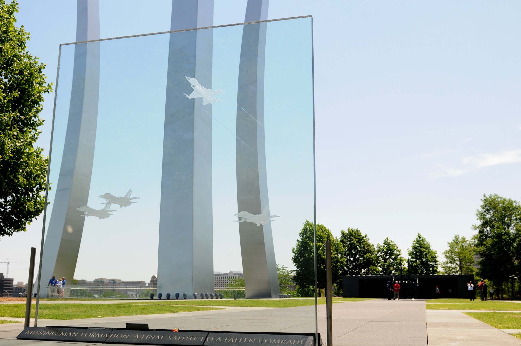 A glass contemplation wall honoring the “missing man formation” sits on display, May 14, 2015, at the Air force Memorial, Arlington, Va. Keesler leadership visited the Air Force Memorial during their annual Capitol Hill visit, where they met with Mississippi congressional representatives to discuss Keesler’s growth and development, and its economic impact on the state. (U.S. Air Force photo by Airman 1st Class Duncan McElroy)