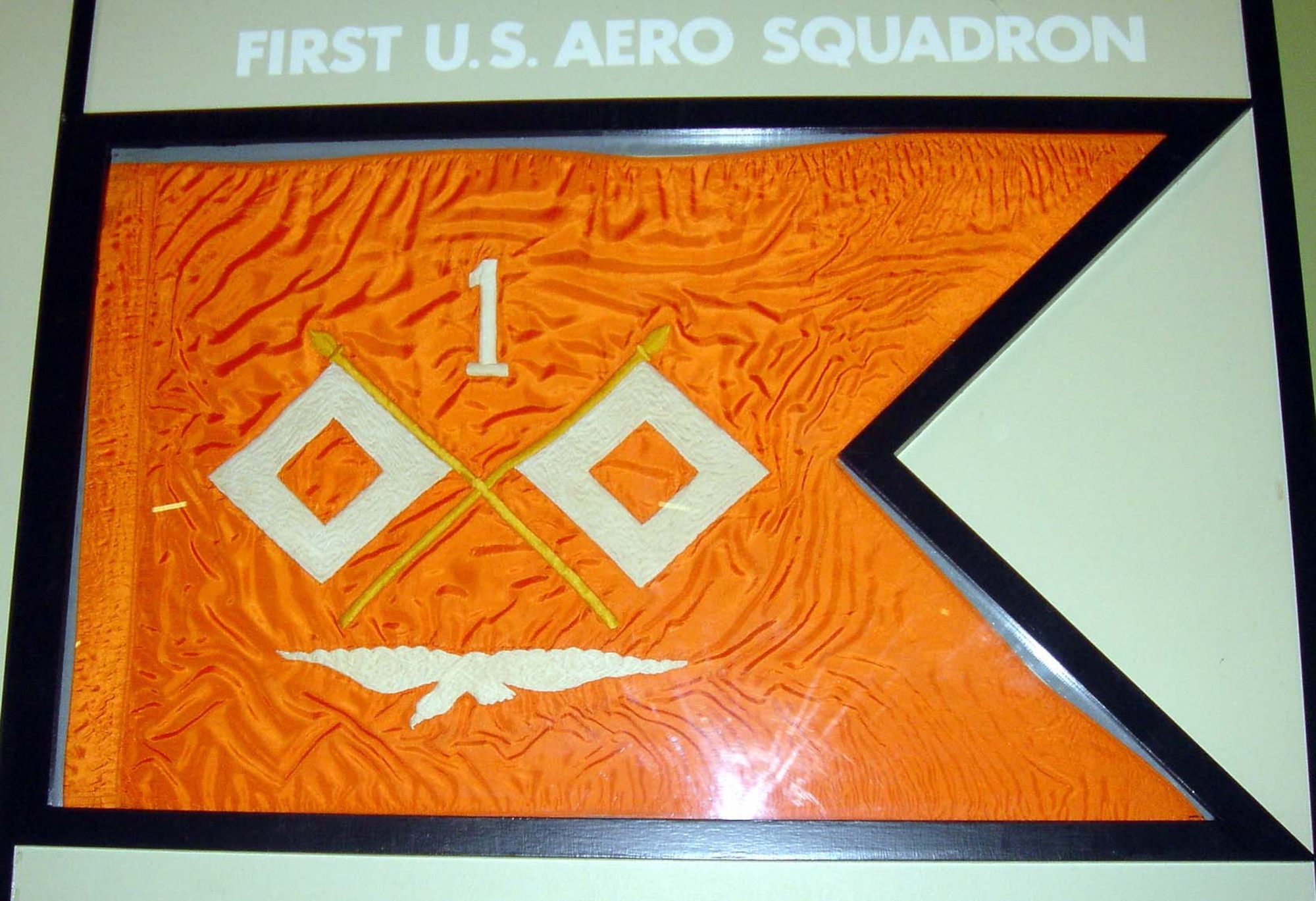 The first aviation guidon authorized was for the 1st Aero Squadron in 1916 while in service on the Mexican border. As aviation was originally part of the Signal Corps, this first guidon was orange with the Signal Corps crossed flags above an outstretched eagle. (Courtesy photo)