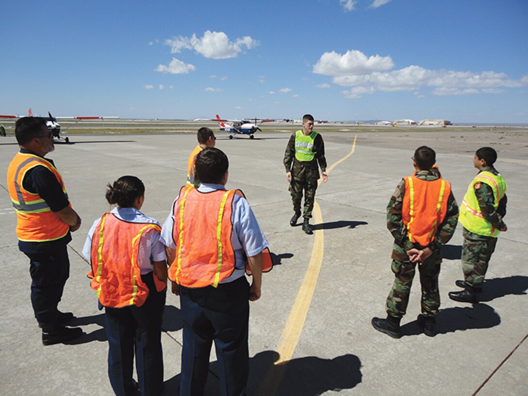 Cadets from the Civil Air Patrol New Mexico Wing hold a safety briefing on the flightline at Kirtland Air Force Base May 23 during a statewide search-and-rescue exercise. (Courtesy photo)