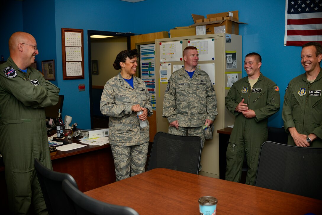 Maj. Gen. Stayce Harris, commander, 22nd Air Force speaks with members of the 328th Airlift Squadron at Niagara Falls Air Reserve Station on June 6, 2015. Harris toured the installation with Chief Master Sgt. Michael Thorpe, 22nd Air Force Command Chief and visited with Airmen across the Wing. (U.S. Air Force photo by Tech. Sgt. Stephanie Sawyer) 