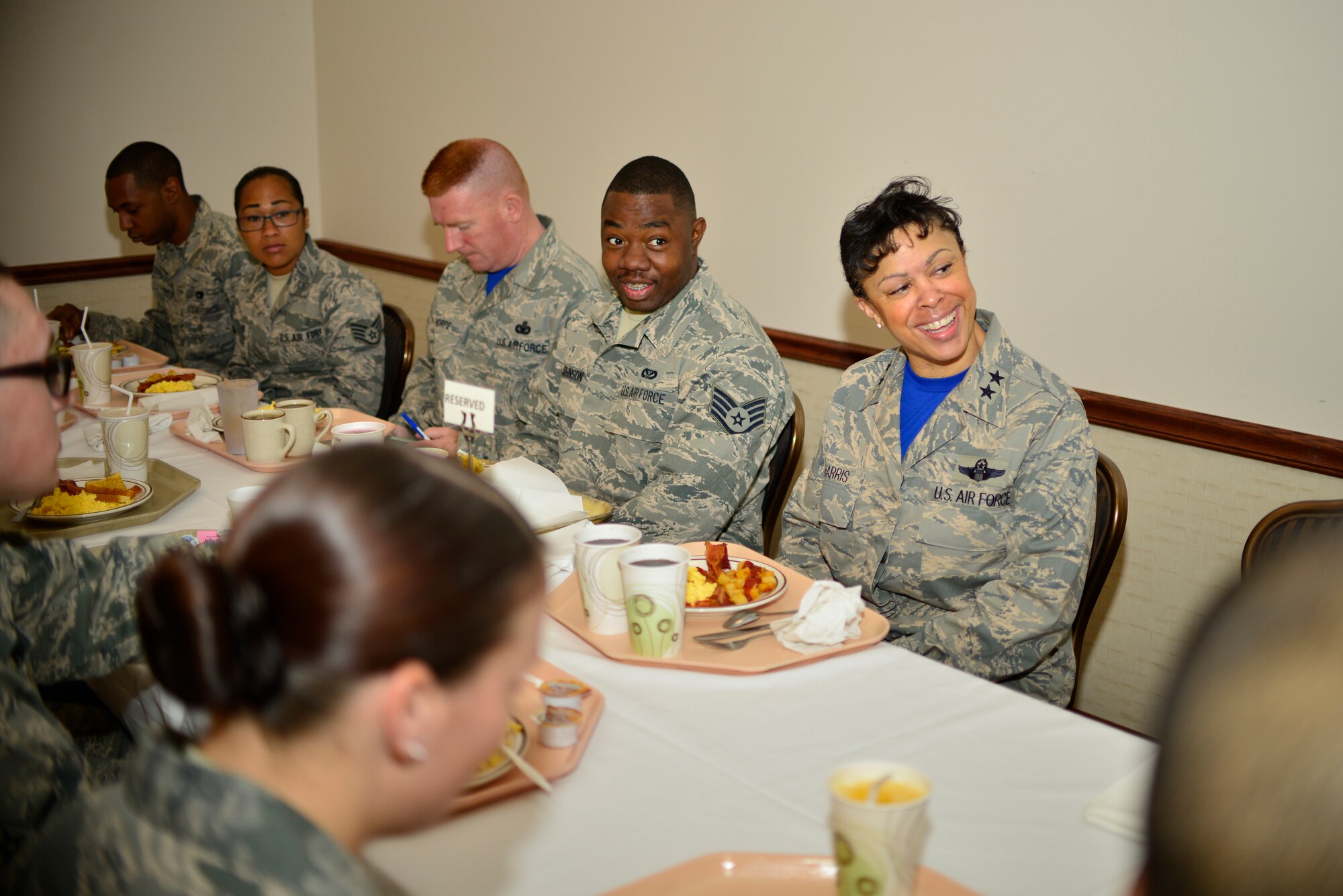 Maj. Gen. Stayce Harris, commander, 22nd Air Force has breakfast with members of the 914th Airlift Wing at Niagara Falls Air Reserve Station on June 6, 2015. Harris toured the installation with Chief Master Sgt. Michael Thorpe, 22nd Air Force Command Chief and visited with Airmen across the Wing. (U.S. Air Force photo by Tech. Sgt. Stephanie Sawyer)  